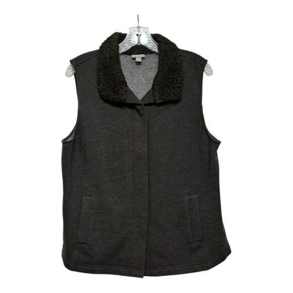 J Jill Vest Womens Size L Gray Faux Fur Collar Button Up Snaps‎ Boho Designer